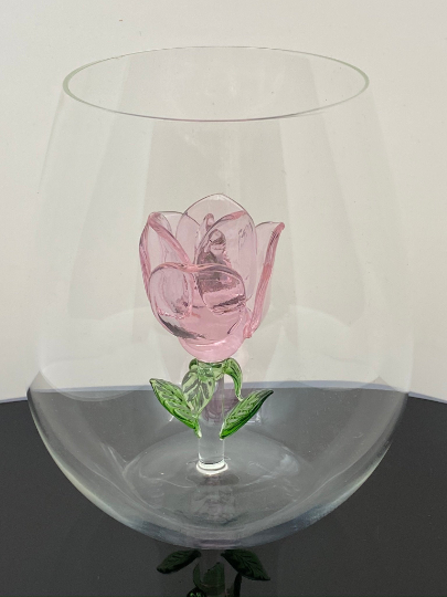 x1 Stemless Crystal Wine Glass 3D Spring Pink Flower Inside NEW