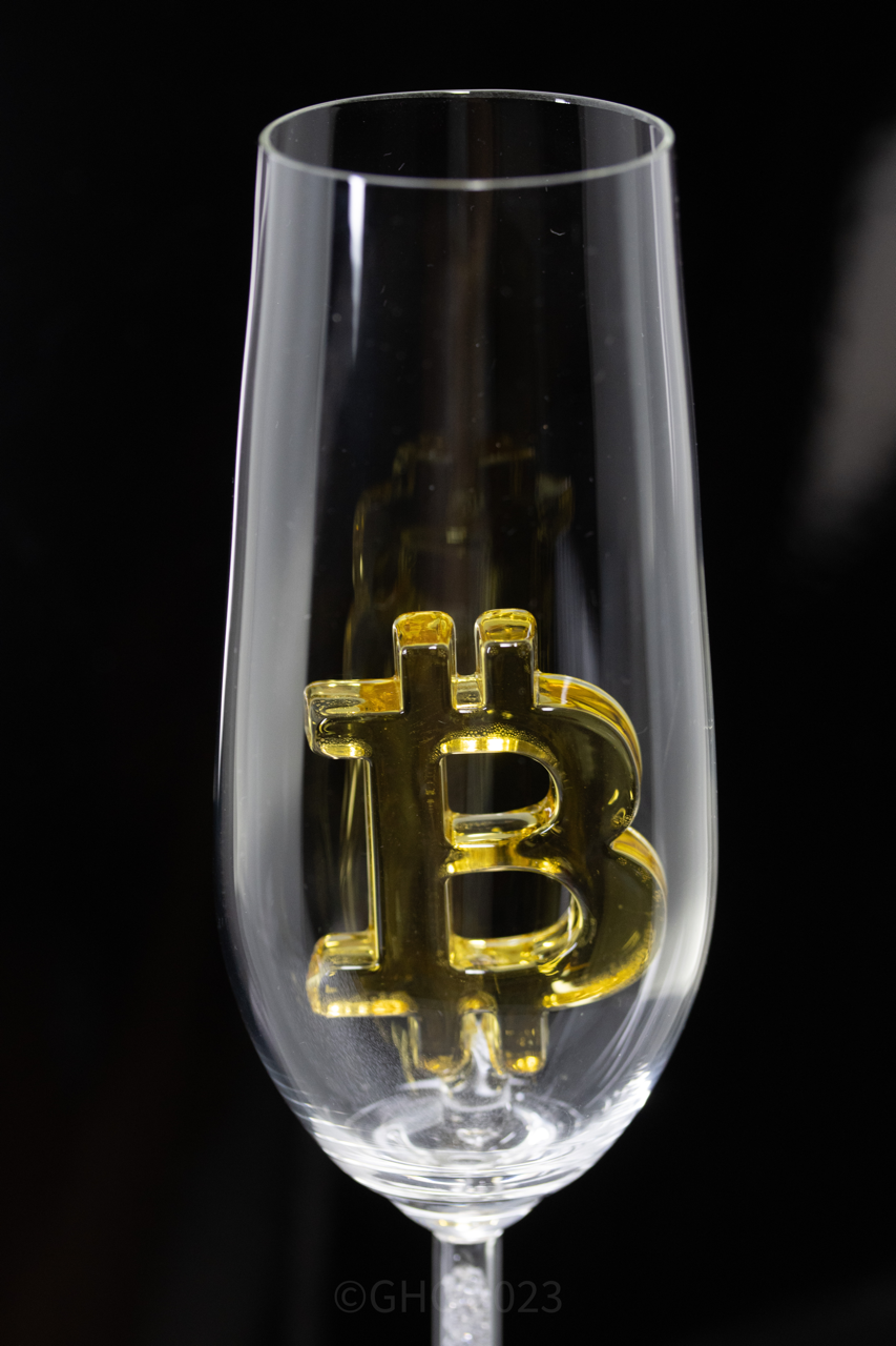 Hand Painted Bitcoin Glasses First Edition Champagne Flute with Swarovski Crystals in the Stem of the Flute - Numbered 1-12