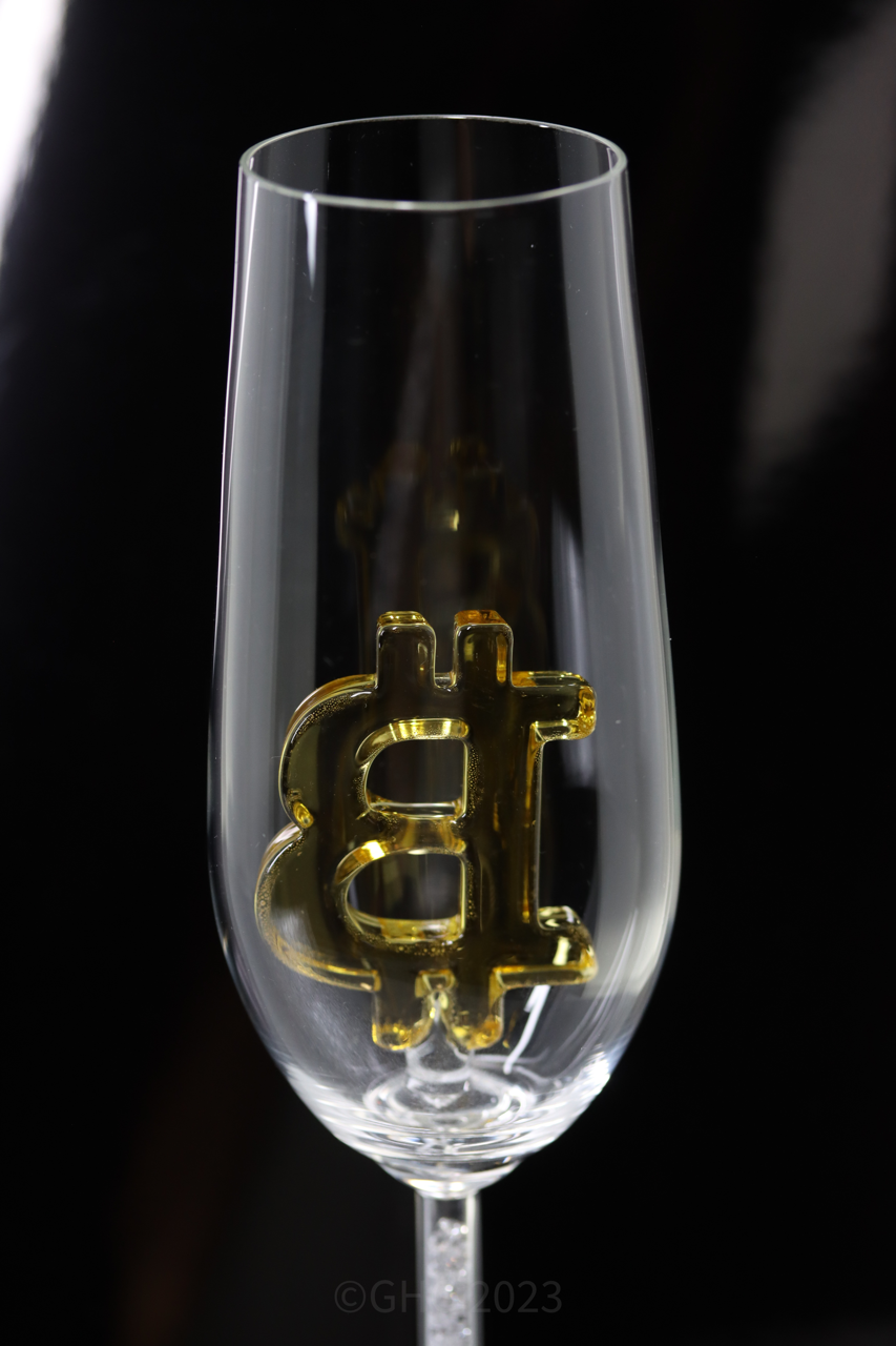 Hand Painted Bitcoin Glasses First Edition Champagne Flute with Swarovski Crystals in the Stem of the Flute - Numbered 1-12