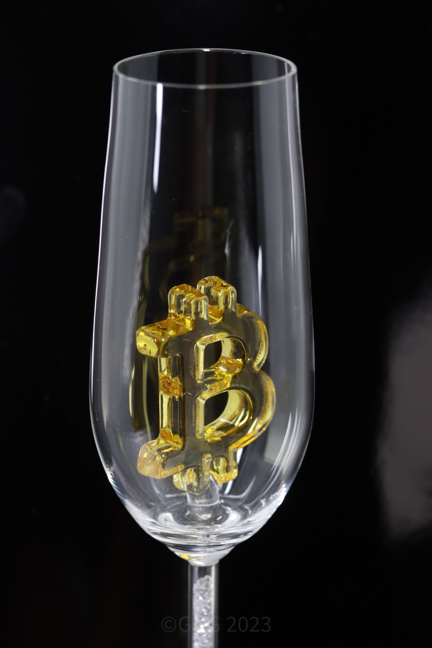 Hand Painted Bitcoin Glasses First Edition Champagne Flute with Swarovski Crystals in the Stem of the Flute - Numbered 1-12