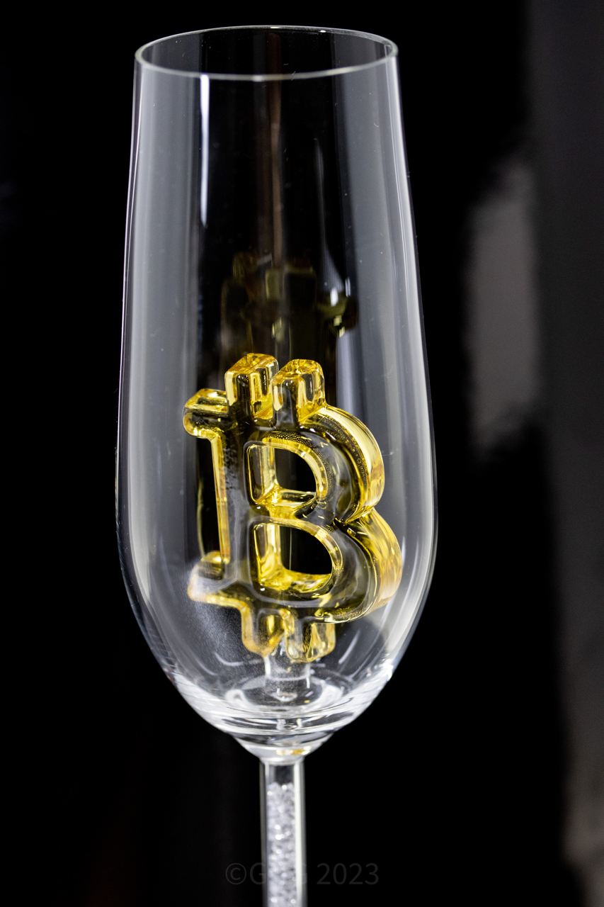 Hand Painted Bitcoin Glasses First Edition Champagne Flute with Swarovski Crystals in the Stem of the Flute - Numbered 1-12