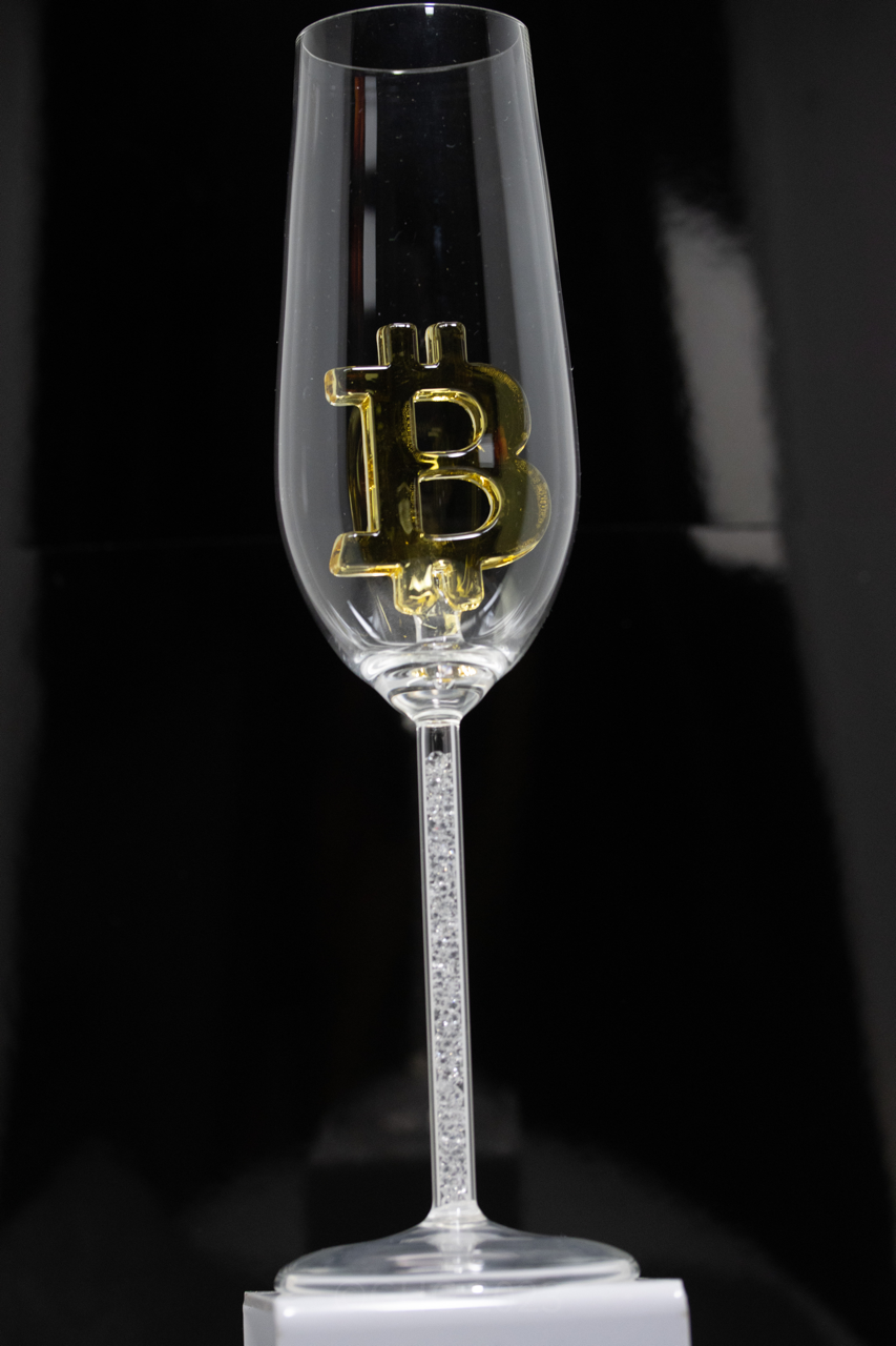 Hand Painted Bitcoin Glasses First Edition Champagne Flute with Swarovski Crystals in the Stem of the Flute - Numbered 1-12