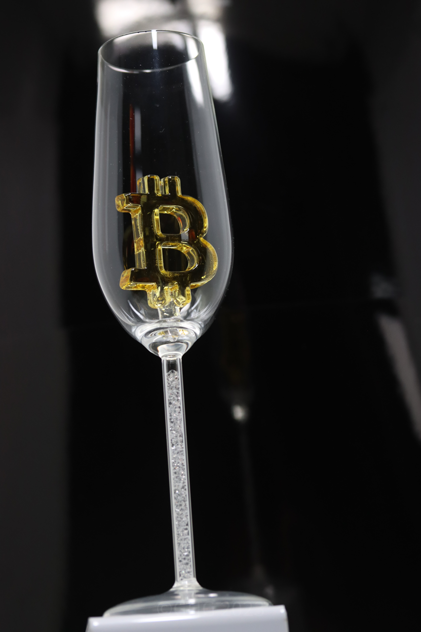 Hand Painted Bitcoin Glasses First Edition Champagne Flute with Swarovski Crystals in the Stem of the Flute - Numbered 1-12