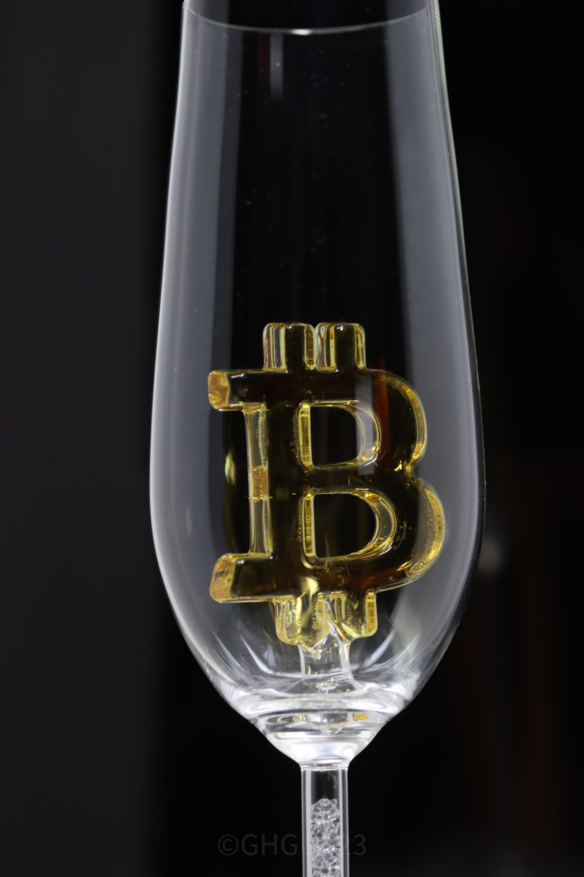 Hand Painted Bitcoin Glasses First Edition Champagne Flute with Swarovski Crystals in the Stem of the Flute - Numbered 1-12