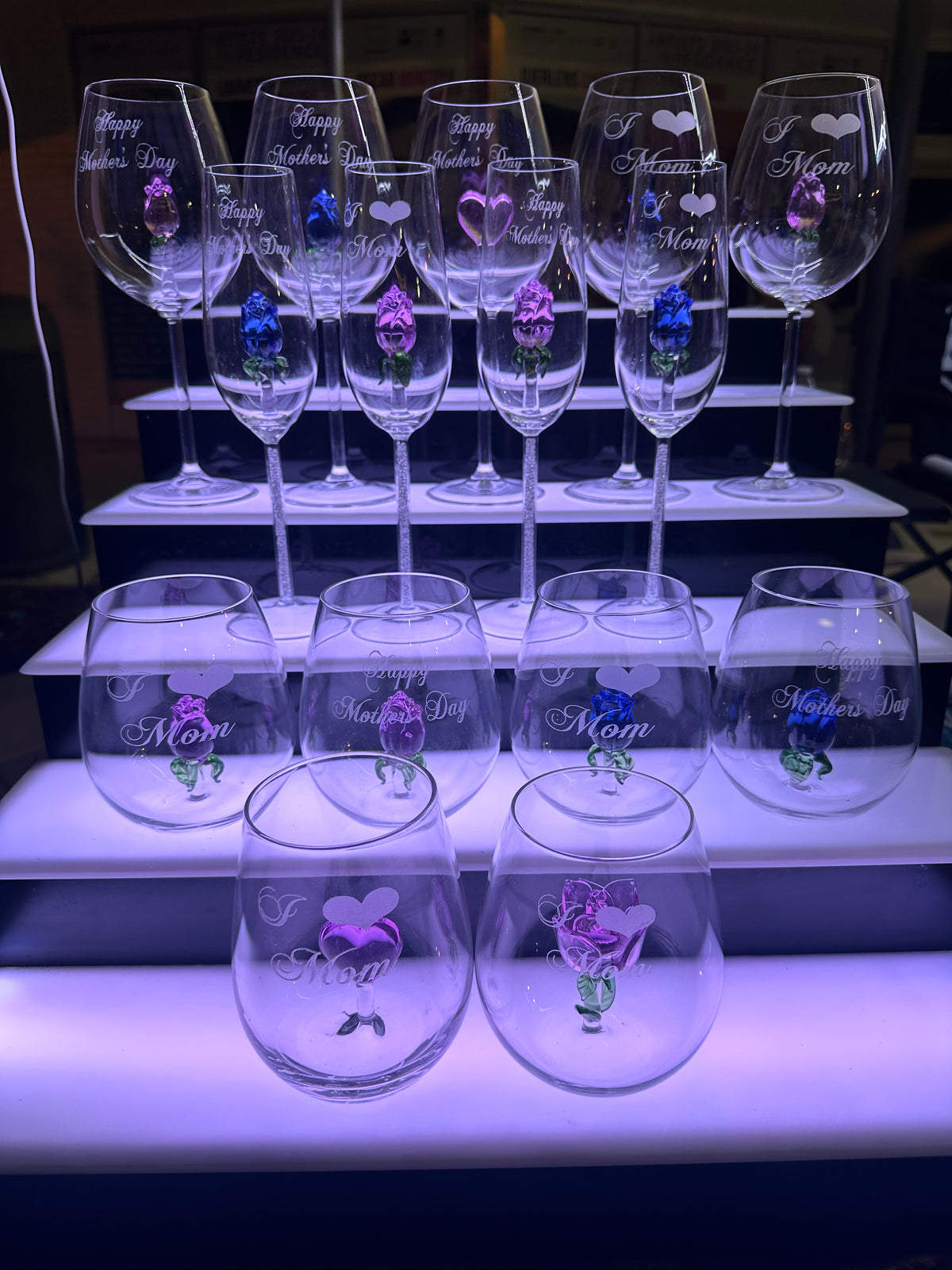 The Mother's Day Collection with Roses and Hearts inside our Wine Glasses and Champagne Flutes