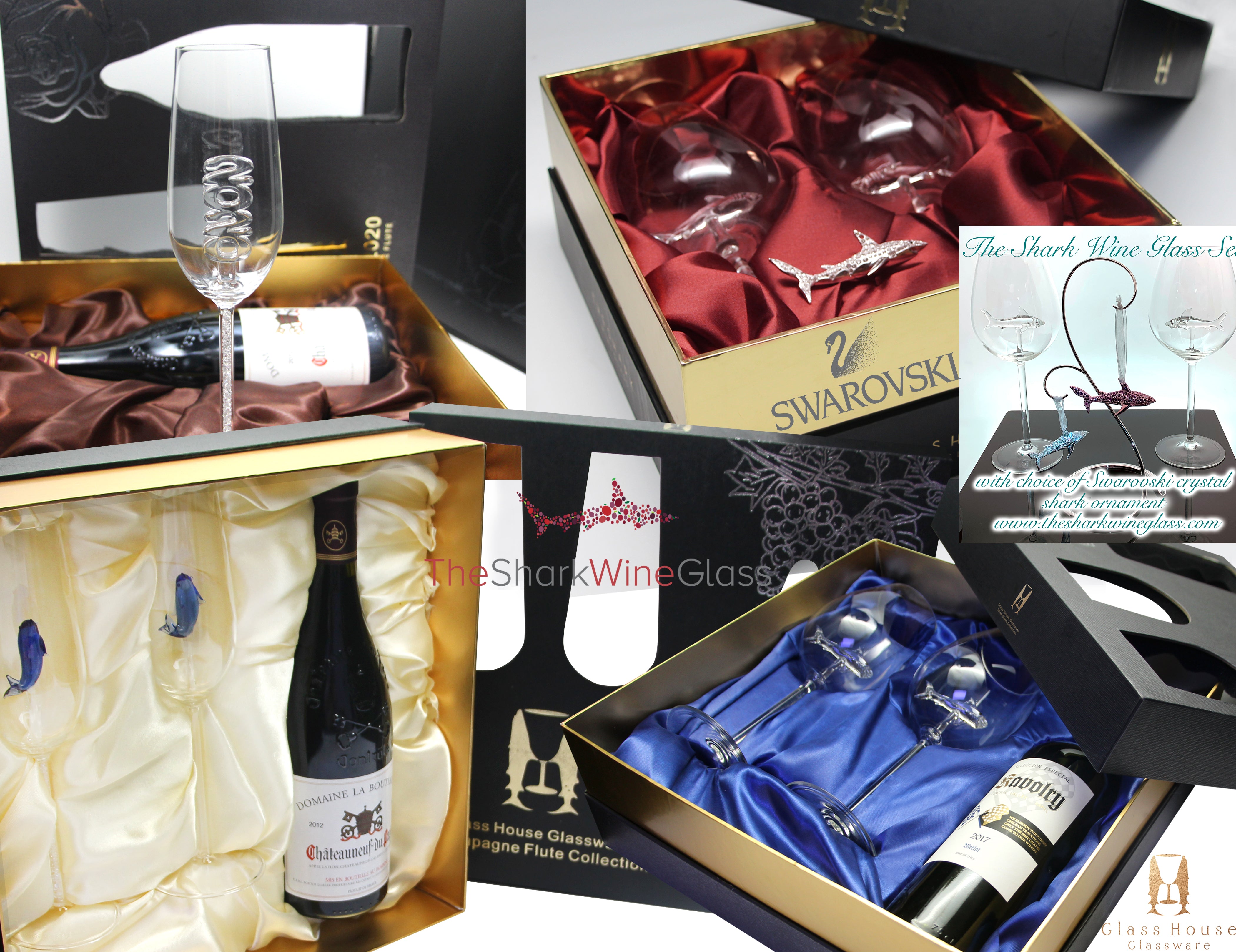 Limited Edition - Swarovski™ Shark Ornament with Two Shark Wine Glasses™ in a Beautiful LED Gift Box