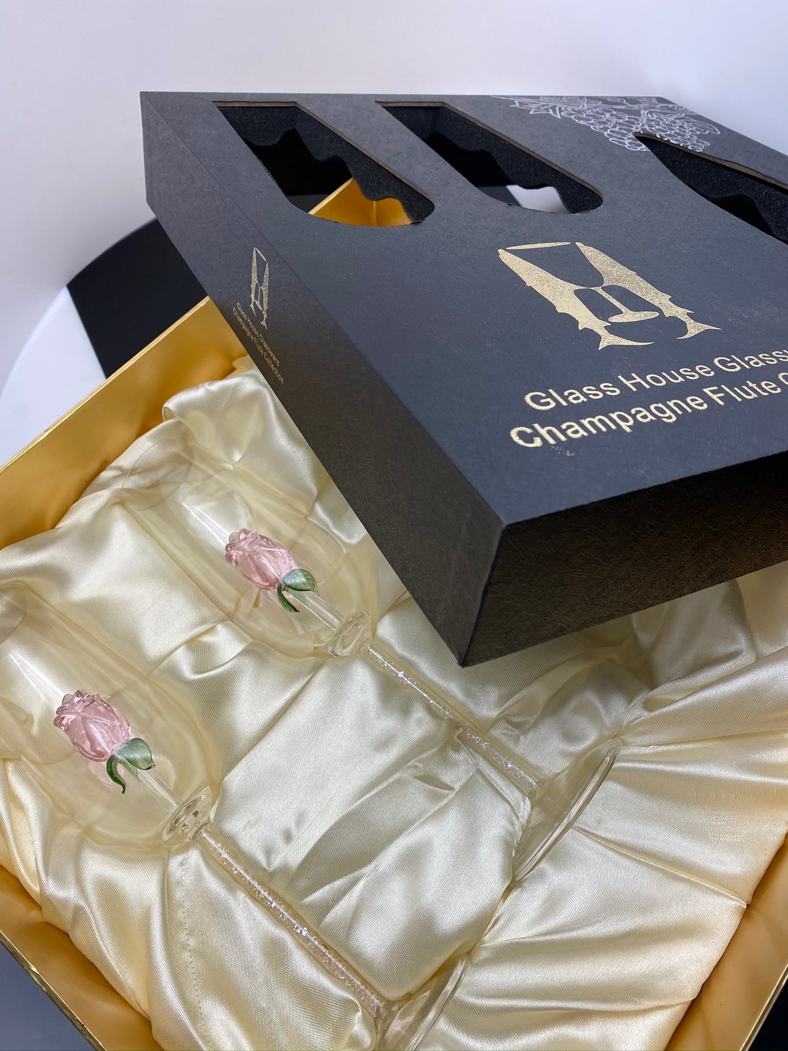 Two Pink Rose Champagne Flutes™ with Swarovski™ Crystals in the Stem in a Beautiful Gift Box