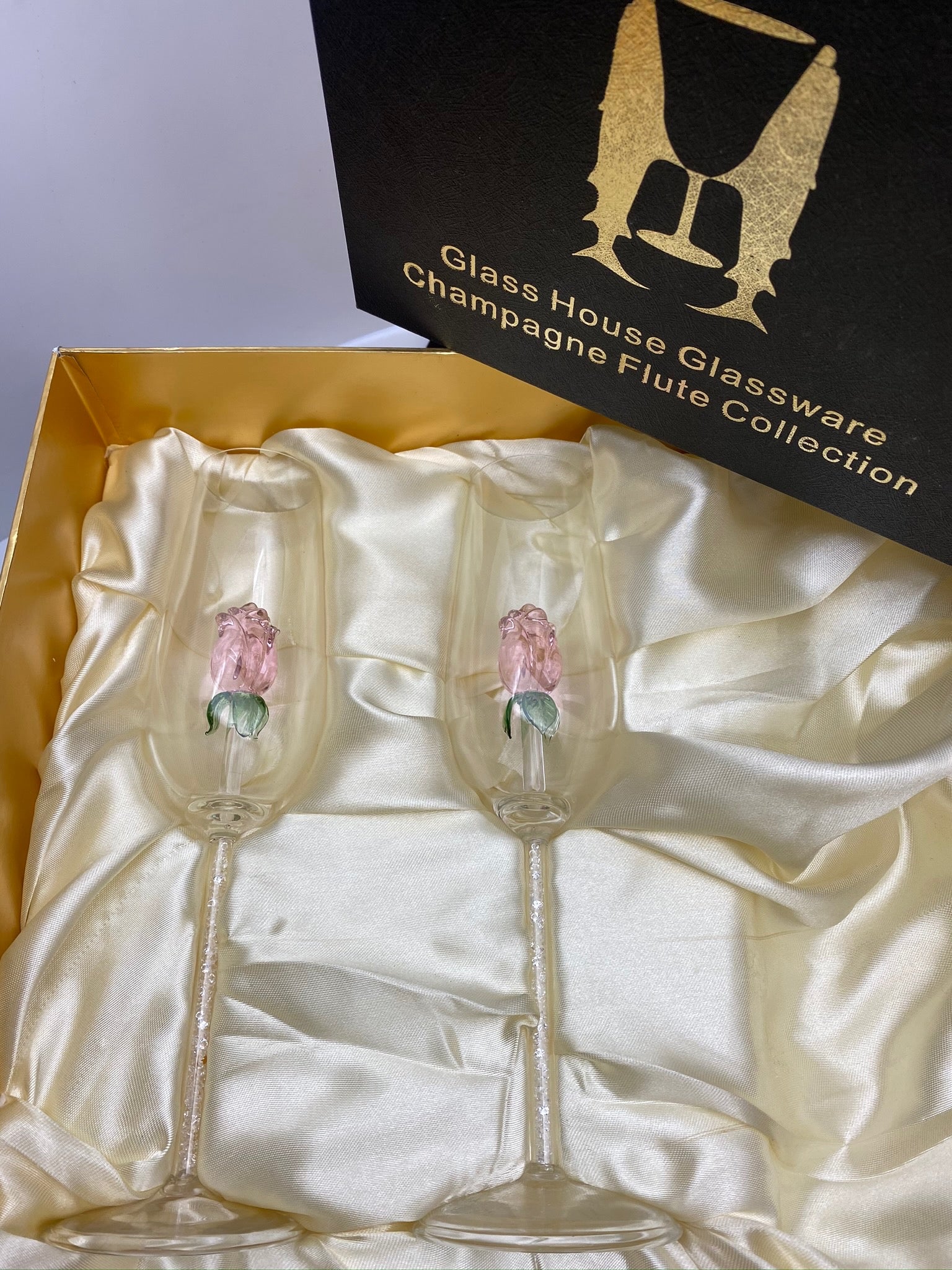 Two Pink Rose Champagne Flutes™ with Swarovski™ Crystals in the Stem in a Beautiful Gift Box