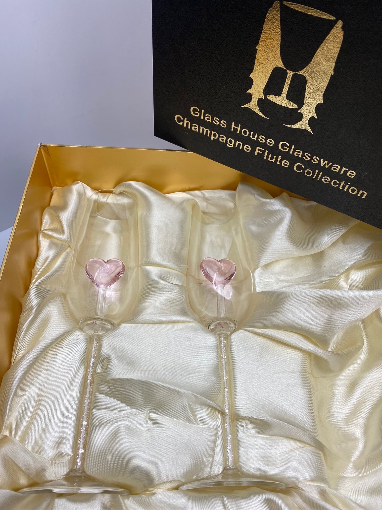 Two Heart Champagne Flutes™ with Swarovski™ Crystals in the Stem in a Beautiful Gift Box