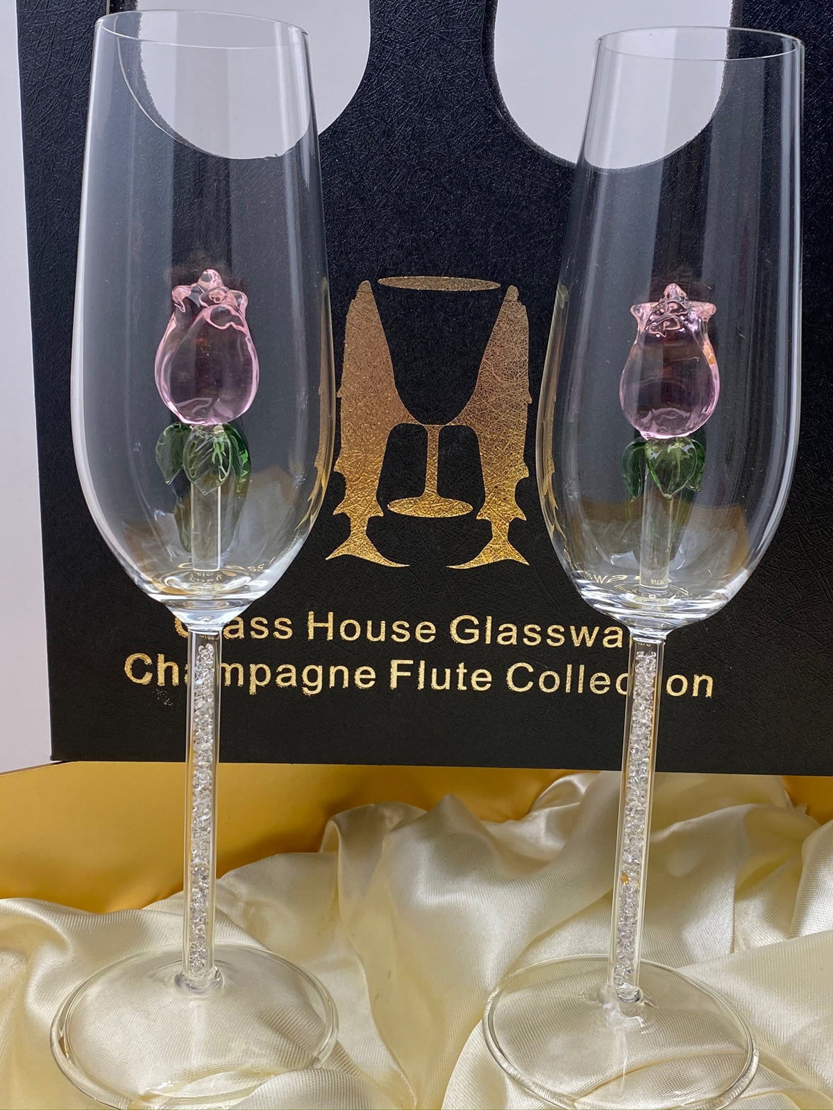 Two Pink Rose Champagne Flutes™ with Swarovski™ Crystals in the Stem in a Beautiful Gift Box