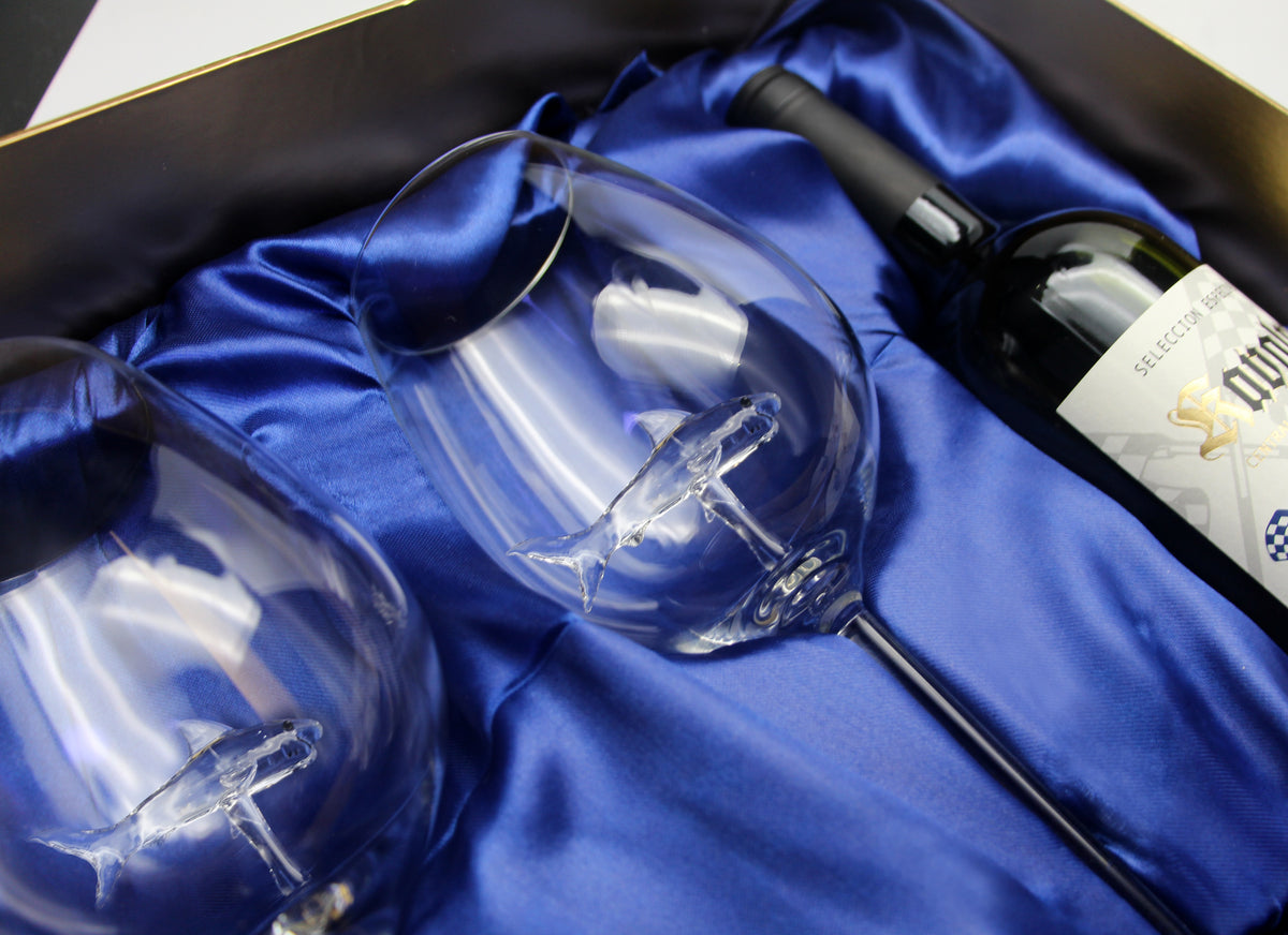 Special Edition Two Shark Wine Glasses™ in a Beautiful Gift Box w/ opening for a Bottle of Wine