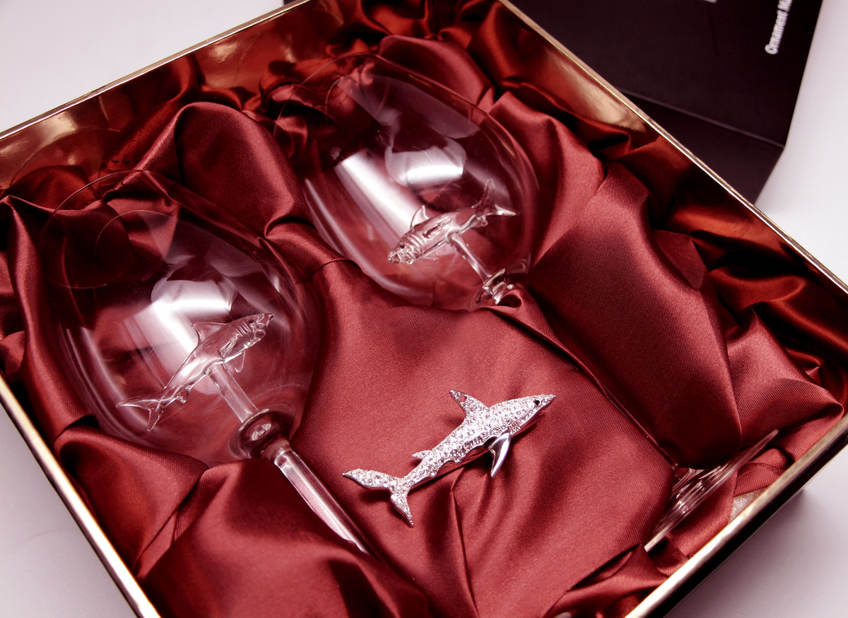 Limited Edition - Swarovski™ Shark Ornament with Two Shark Wine Glasses™ in a Beautiful LED Gift Box