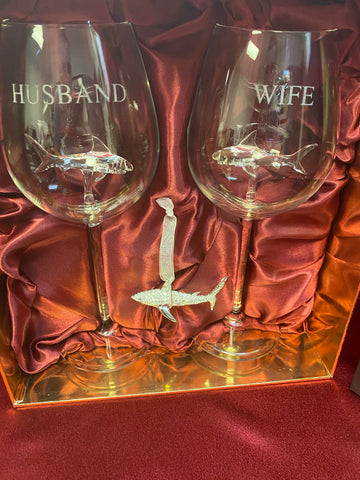 Limited Edition - Swarovski™ Shark Ornament with Custom Engraved Husband and Wife Shark Wine Glasses in a Beautiful LED Gift Box