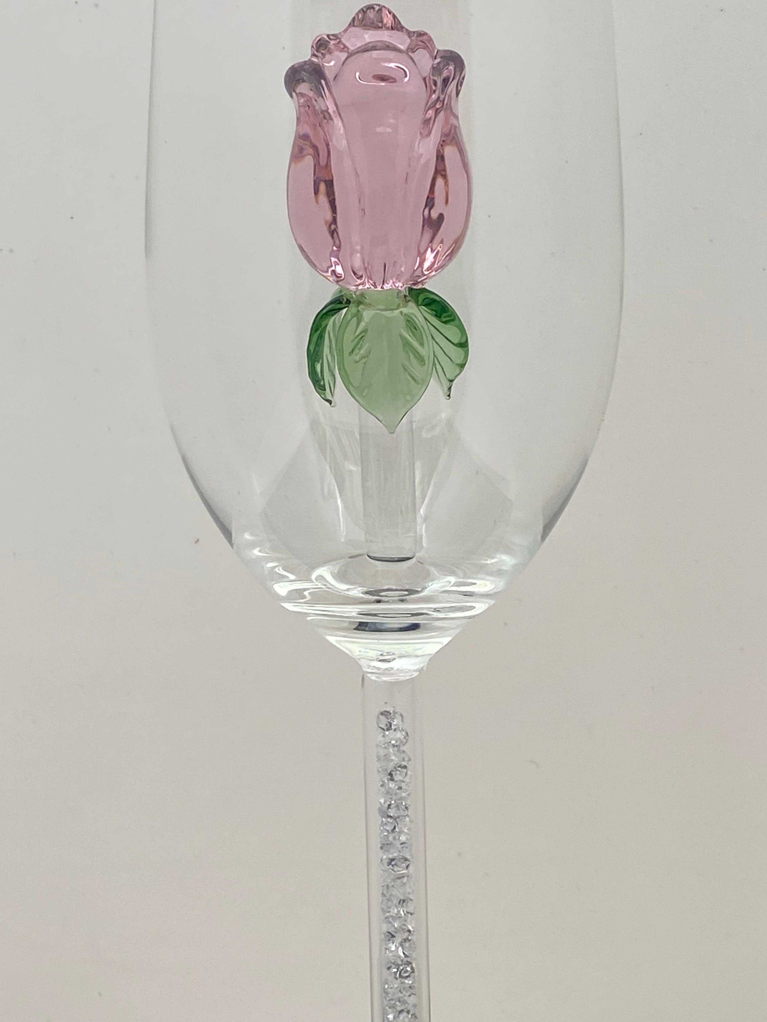 Two Pink Rose Champagne Flutes™ with Swarovski™ Crystals in the Stem in a Beautiful Gift Box