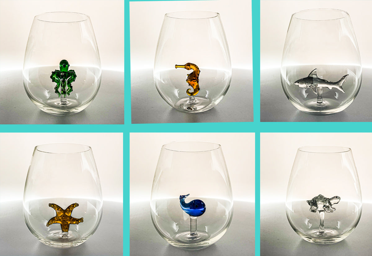 The Shark Stemless Wine Glass™ Ocean Collection - Octopus, Sea Horse, Starfish, Turtle, Shark, Whale