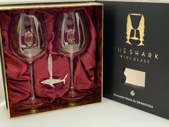 The Swarovski™ Shark Ornament with Two Rose Wine Glasses™ in Beautiful LED Enhanced Gift Box