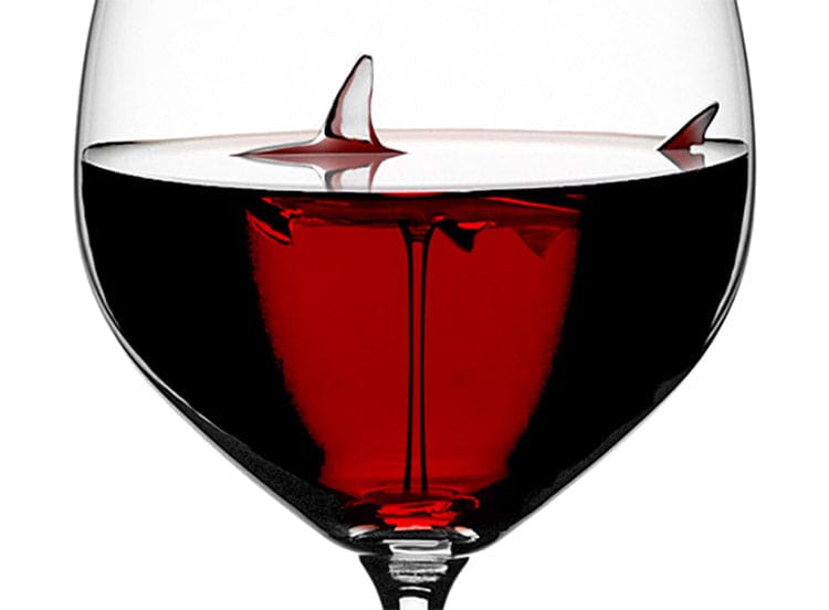 Close-up of a shark fin rising above red wine inside The Shark Wine Glass